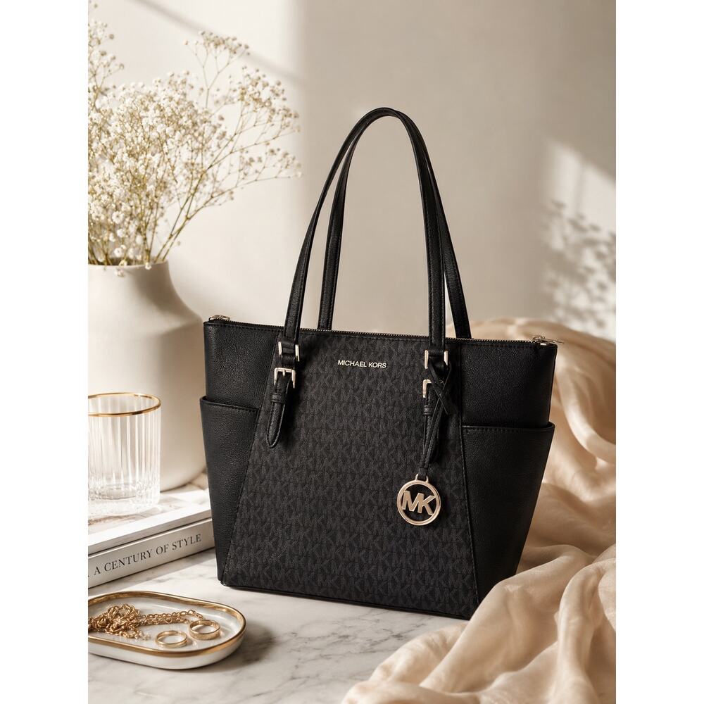 Michael Kors Charlotte Large Logo and Leather Top-Zip Black Purse NWOT